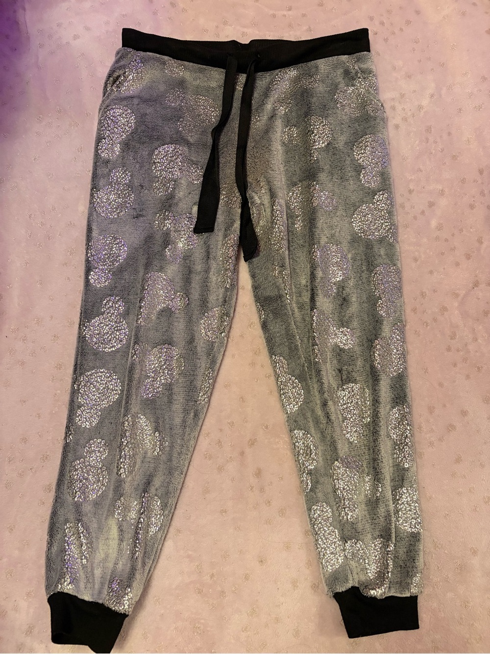 Disney Silver Glitter Heart Gray Jogger Pants with Black Waistband